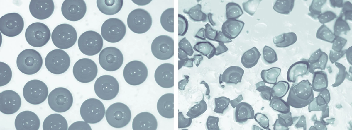 全氟己酮灭火微胶囊-灭火剂/贴片等消防产品新材料插图3 微胶囊灭火前后图片对比,灭火前后显微镜样图